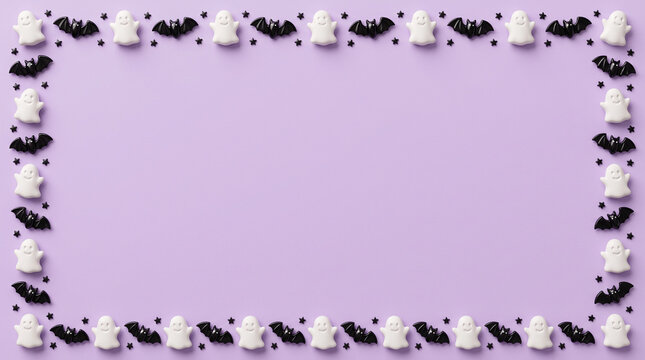 Playful Halloween frame border featuring white ghosts and black bats on a vibrant purple surface