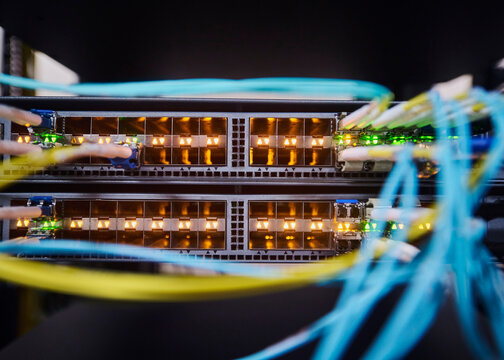 Close Up of Network Equipment and Cables in Server Room