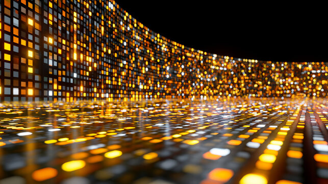 Illuminated Golden Digital Grid Array Abstract Technology Big Data Floor Background

