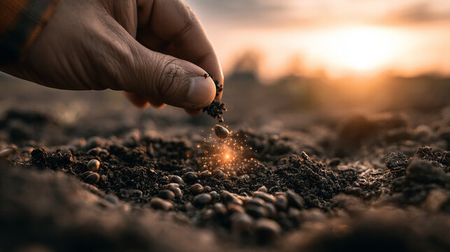 Hand Holding Golden Seed Emitting Bright Sparkles Above Dark Soil Bed
