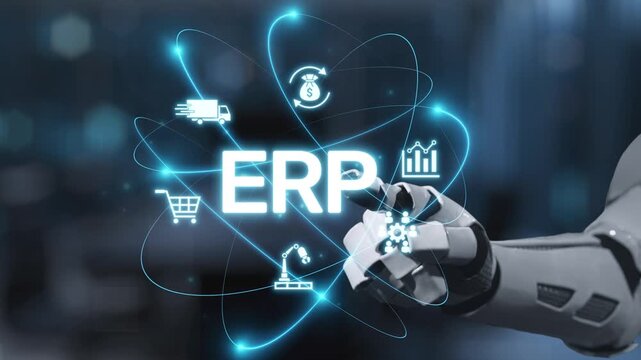 A robotic hand reaching out to interact with ERP concepts through graphical icons, emphasizing technology role in modern business processes and automation efficiency. Salient