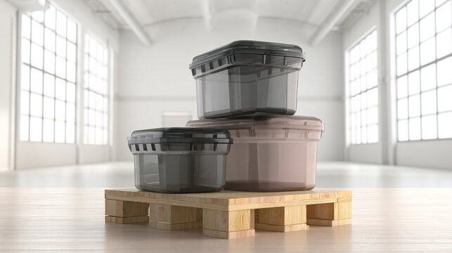 Plastic storage crates stacked on wooden pallet inside large warehouse

