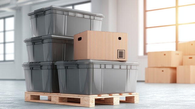 Plastic storage crates stacked on wooden pallet inside large warehouse
