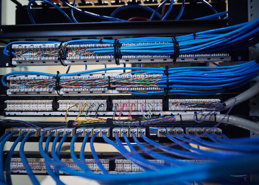 Open Data Center Server Rack with Network Hardware and Cabling