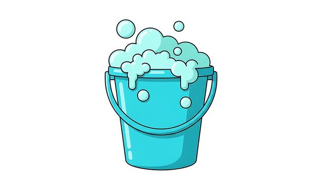 Soap a Blue Plastic Bucket Filled with Thick Soapy Foam and Floating Bubbles for Household Cleaning Tasks Isolated on a White Background