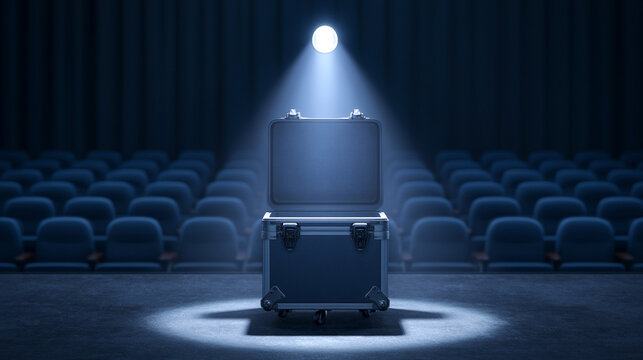 Open black hard protective case standing on wooden stage under spotlight

