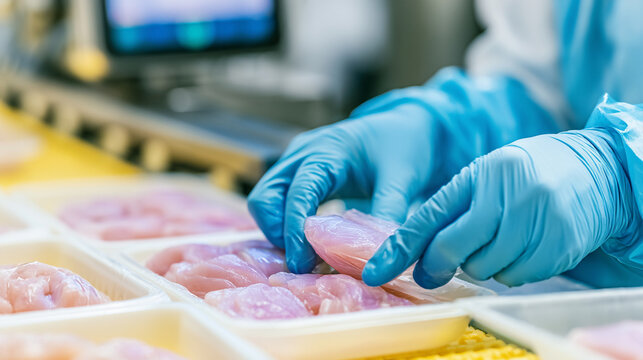 Gloved worker inspecting fresh raw fish fillets in professional processing facility

