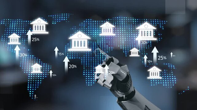 A robotic arm interacts with a digital world map showcasing financial growth data and trends, symbolizing the fusion of technology and global finance in modern business environments. Salient