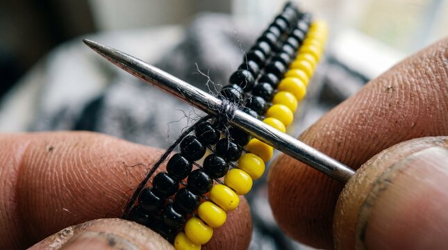 Extreme macro close-up of needle pulling thread tight through black and yellow glass seed beads