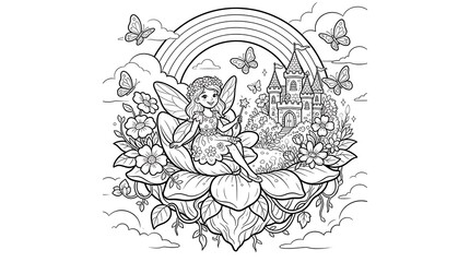 Obraz premium A black and white line of a fairy sitting on a large flower with a castle in the background, and a rainbow, in the sky above