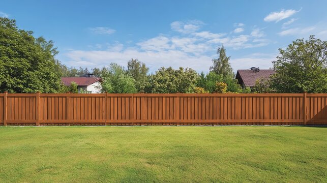 Sunny backyard with a wooden fence and grass.