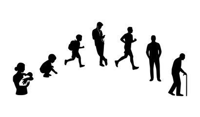 Obraz premium Human Aging Cycle Baby Childhood Adult Senior Black Silhouette Vector