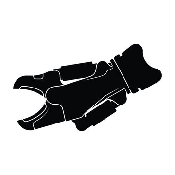 Robotic hand with open fingers is depicted as a black silhouette