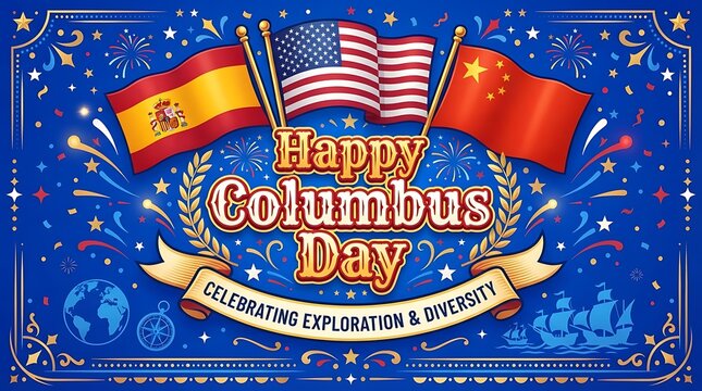 Happy columbus day celebration with three flags
