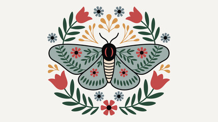Obraz premium Folk art style moth illustration with floral motifs, decorative leaves, and symmetrical flowers in a circular arrangement, vector graphic design