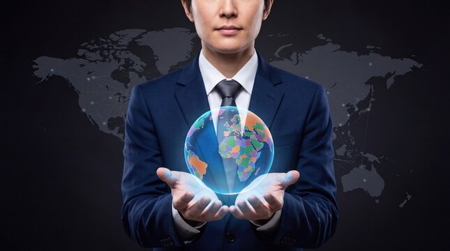 Global business leader holding glowing earth globe, international market concept