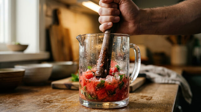 Making refreshing watermelon cocktail with mint and ice in pitcher