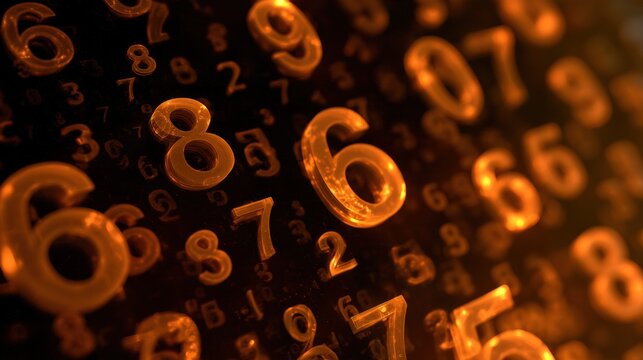 Numbers create a recursive fractal pattern with an amber glow against a dark background. This visualizes mathematical beauty and complexity.