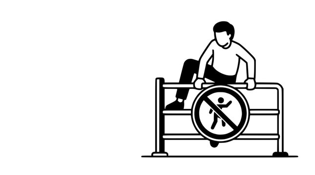Man climbing over barrier with prohibition sign
