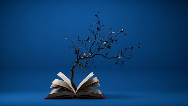 Open book with growing tree and birds flying