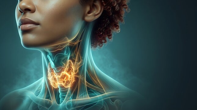 Close up profile of a female head and neck with an illuminated thyroid gland highlighted in orange