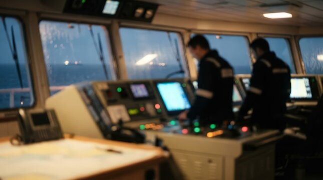 Ship bridge officers monitor navigation systems during a night watch. The blurred control console and glowing screens highlight the technical environment of a maritime vessel.