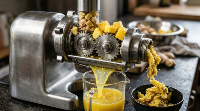 Juicer extracting fresh pineapple and ginger juice in a kitchen