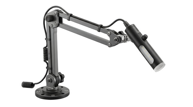 Adjustable microphone boom arm on isolated background, professional recording mic stand, broadcast audio equipment studio setup