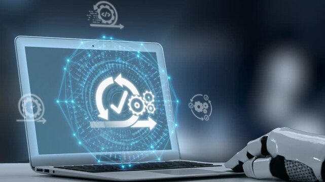 A robotic hand engages with a laptop screen showcasing digital automation graphics. represents innovation in technology, emphasizing efficiency and progress in workflow systems. Salient
