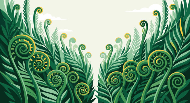 Green fern fronds and fiddleheads vector illustration