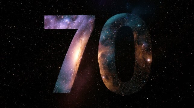 Number 70 is formed from a galaxy and stars with a dark cosmic space background featuring nebula colors of purple, teal, and gold.