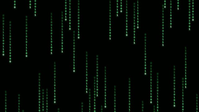 Abstract digital rain of green binary code falling on a black background for technology concepts