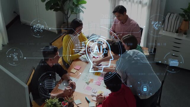 A diverse group of professionals engaged in a collaborative meeting, surrounded by digital elements showcasing artificial intelligence concepts and innovative ideas. Raster