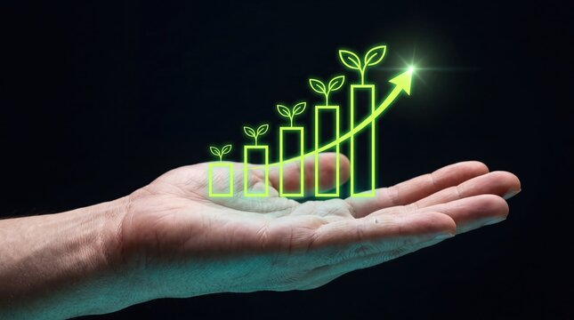 Green business growth chart in hand, sustainable investment concept