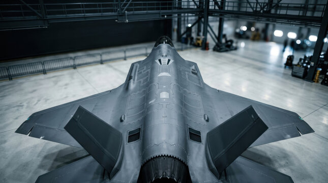 Modern stealth fighter jet parked inside large military hangar