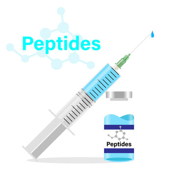 Syringe and a vial labeled "Peptides," representing short chains of amino acids that function as chemical messengers in the body. While certain regulated peptide medications (like GLP-1 receptor agoni