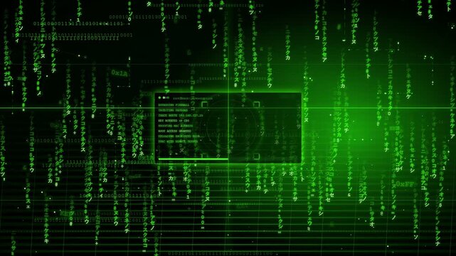 Abstract digital green binary code raining down screen with futuristic computer interface and data processing