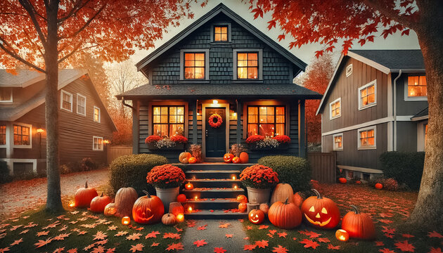 Cozy Halloween-Decorated Homes Surrounded by Autumn Leaves