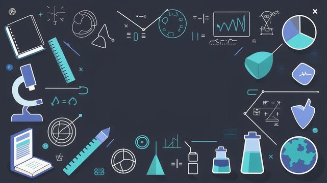 Science education background featuring animated laboratory icons and mathematical symbols floating in a rhythmic motion video for digital academic presentations