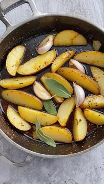 Potato wedges cooking with bay leaves