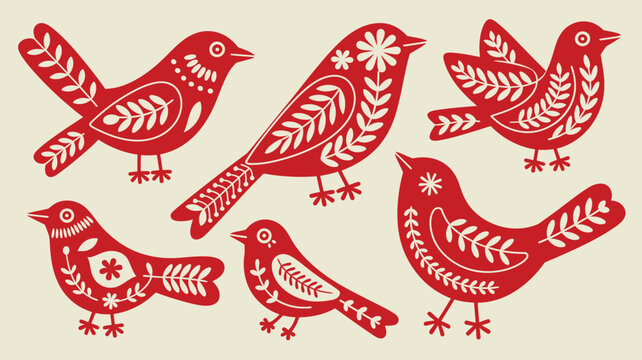 Set of folk art style birds with floral and leaf patterns in red and cream colors