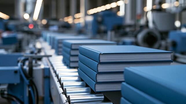 Blue hardcover books move on a production line conveyor belt, isolated on transparent background. Ideal for publishing industry and automated manufacturing concepts.