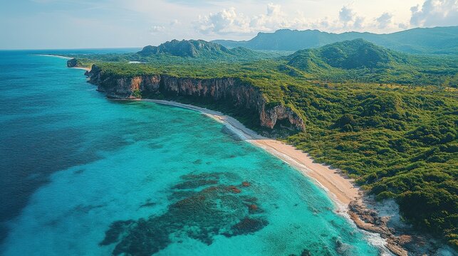 Aerial View Of Tropical Beach With Lush Green Cliffs And Turquoise Waters In Daylight