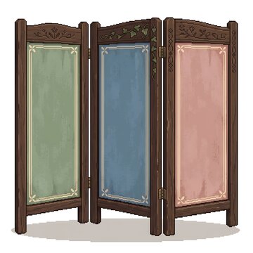 Vintage wooden folding screen with three panels and decorative floral carvings on a white background