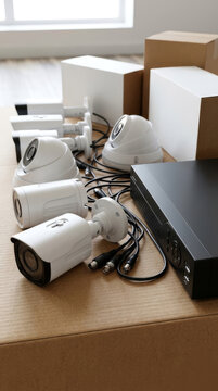 Side angle close-up of multiple unboxed white CCTV security cameras, a black DVR unit, and cables on a cardboard surface in bright daylight