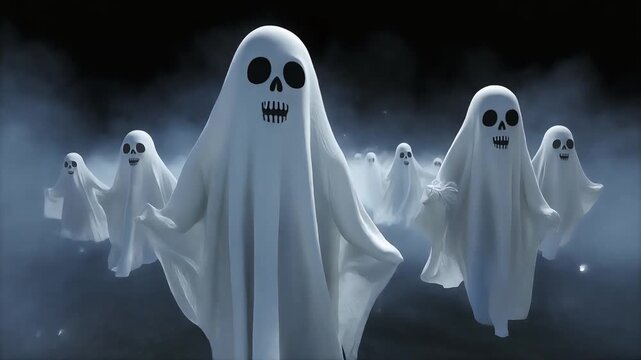 White sheet ghosts floating through dark atmospheric void in seamless three dimensional animation motion clip for halloween holiday background projects