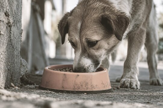 Homeless dog eating kibble with a focused expression on a sunny street