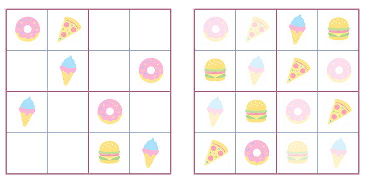 Colorful food-themed Sudoku puzzle with donuts, ice cream, burgers, and pizza