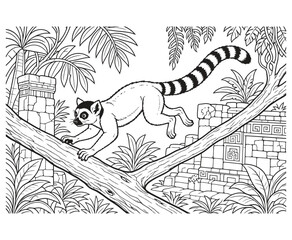 Coloring page featuring a cute lemur in a jungle with ancient ruins. © LineVista