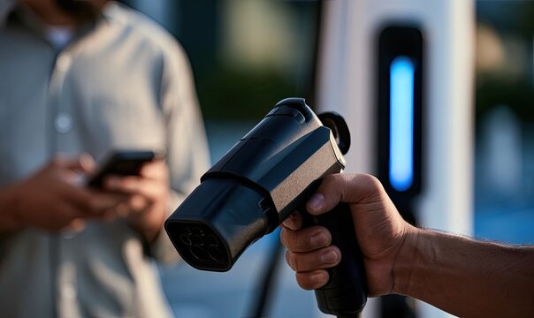 Hand holds charging plug near station; person uses phone